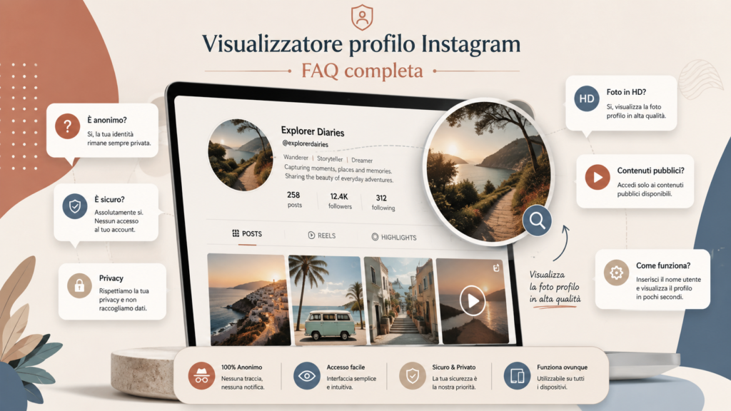 Visualizzatore profilo Instagram con FAQ su privacy, sicurezza e foto in alta qualità